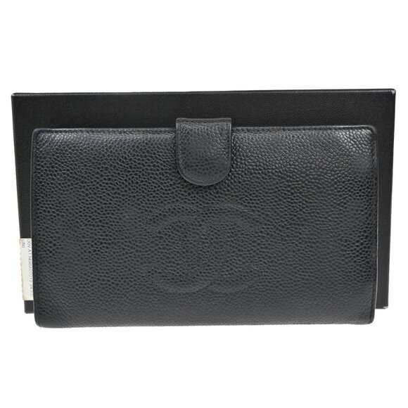 CHANEL CC Logo Long Bifold Wallet Purse Grained Calfskin Leather Black - Picture 1 of 16